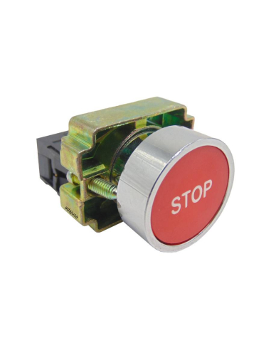 Pulsante in metallo rosso (con scritta "STOP") a contatto completamente chiuso (NC)