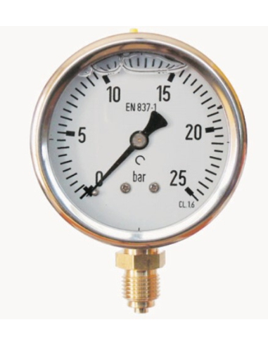 Manometro con glicerina 0 - 100 bar diametro 63mm bar ingresso laterale cassa in acciaio inox - Metal Work