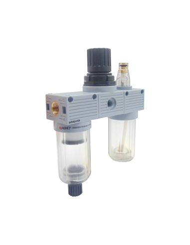 Unità di filtrazione pneumatica 1/8 regolazione 0-8 bar scarico semiautomatico serie FRL Mini - Aignep
